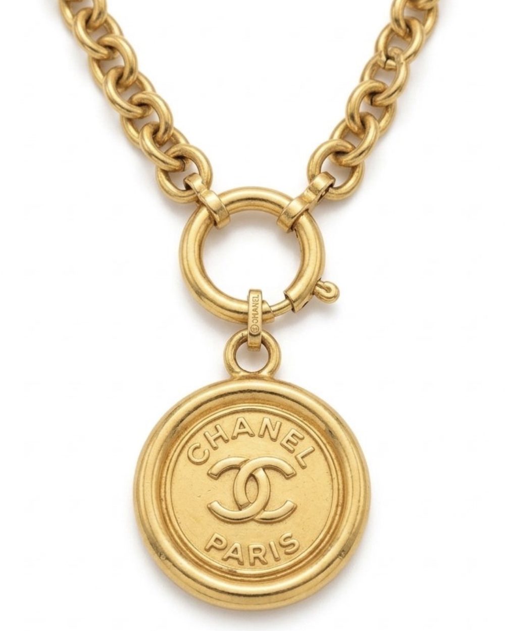 Paris Coin on chain, charm close-up — Maison Dorée vintage charm necklace