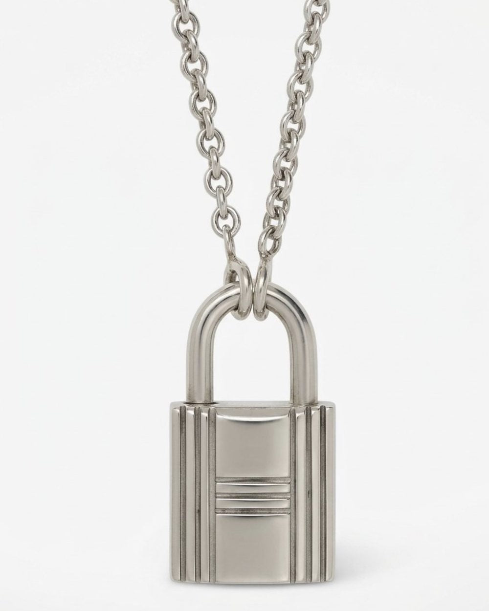 Silver Padlock on chain, charm close-up — Maison Dorée vintage charm necklace