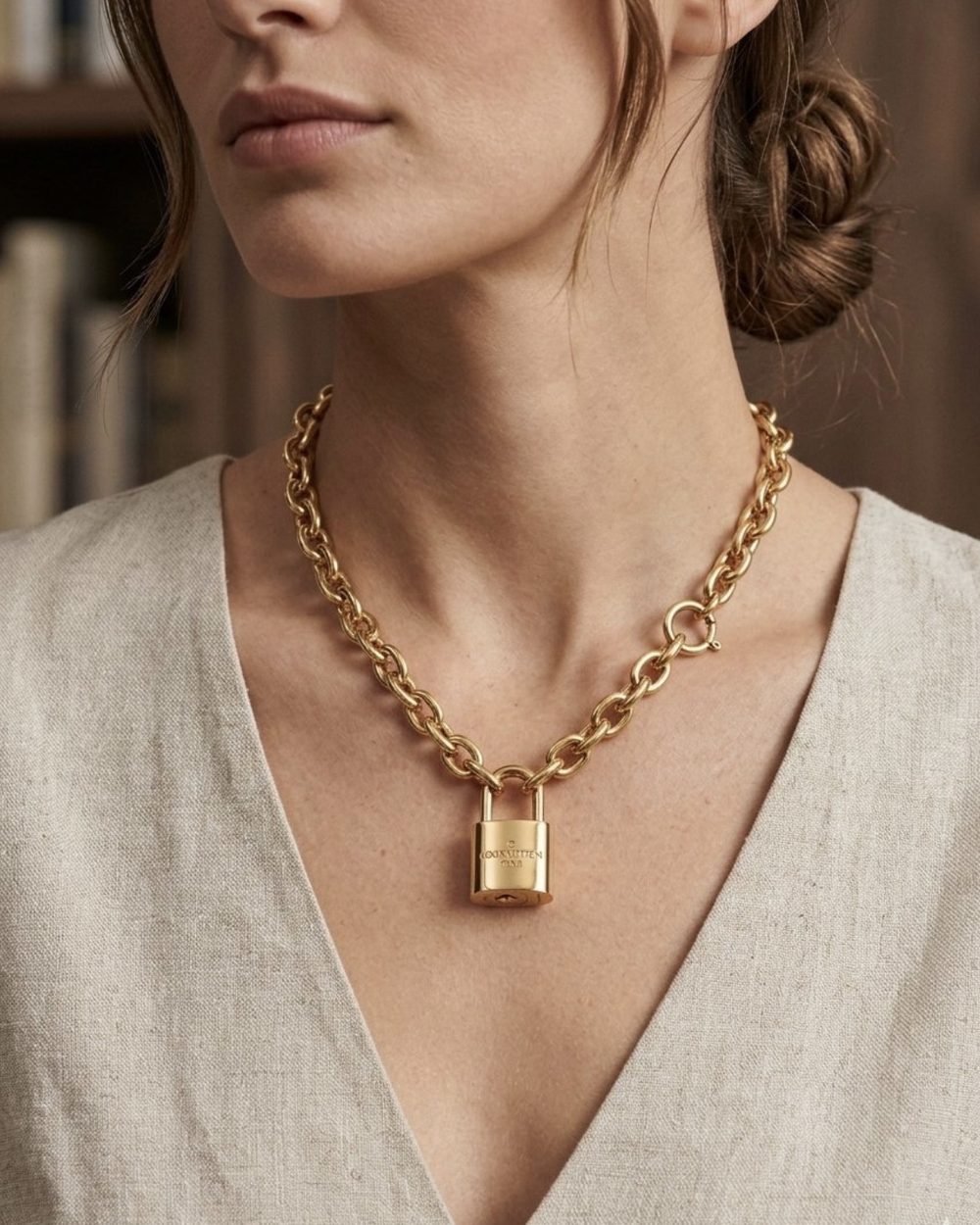 Gold Padlock on chain, worn on a model — Maison Dorée vintage charm necklace