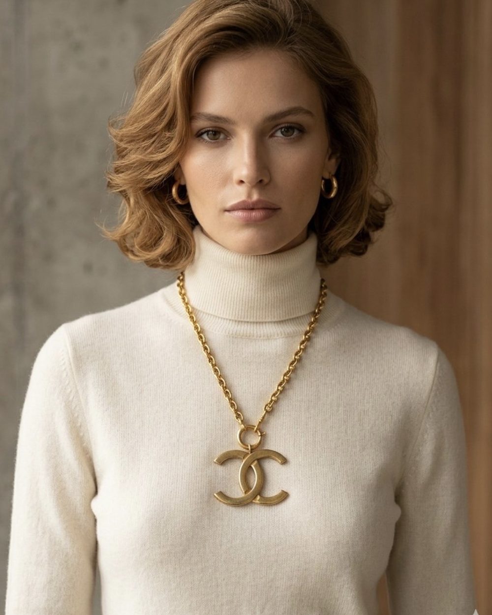 Interlock Pendant on chain, worn on a model — Maison Dorée vintage charm necklace