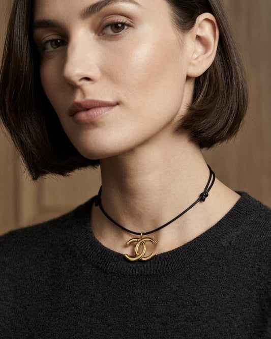 Interlock Pendant on cord, worn on a model — Maison Dorée vintage charm necklace