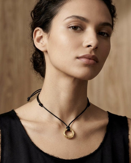 Quilted Ring on cord, worn on a model — Maison Dorée vintage charm necklace