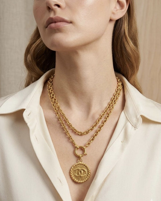 Rope Medallion on chain, worn on a model — Maison Dorée vintage charm necklace