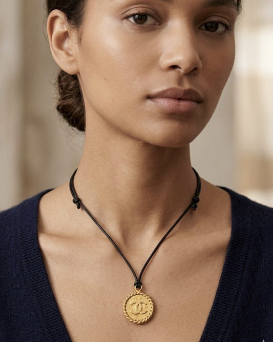 Rope Medallion on cord, worn on a model — Maison Dorée vintage charm necklace
