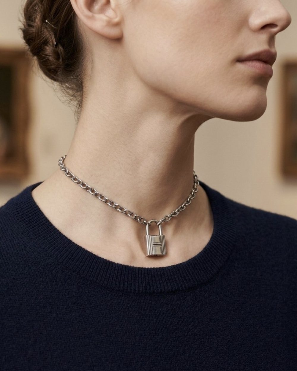Silver Padlock on chain, worn on a model — Maison Dorée vintage charm necklace