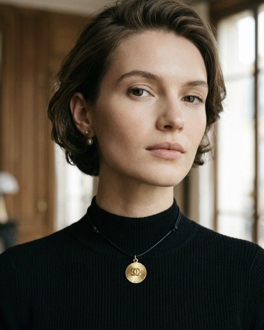 Sunburst on cord, worn on a model — Maison Dorée vintage charm necklace